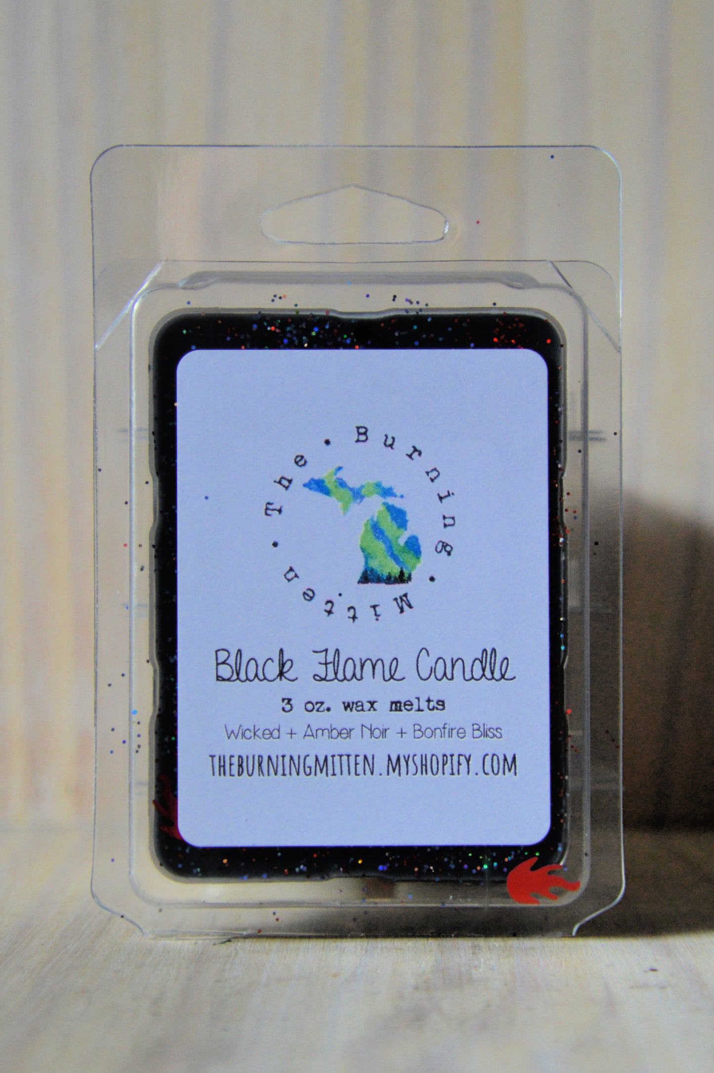 Black Flame Candle Clamshell (wicked + amber noir + bonfire bliss)