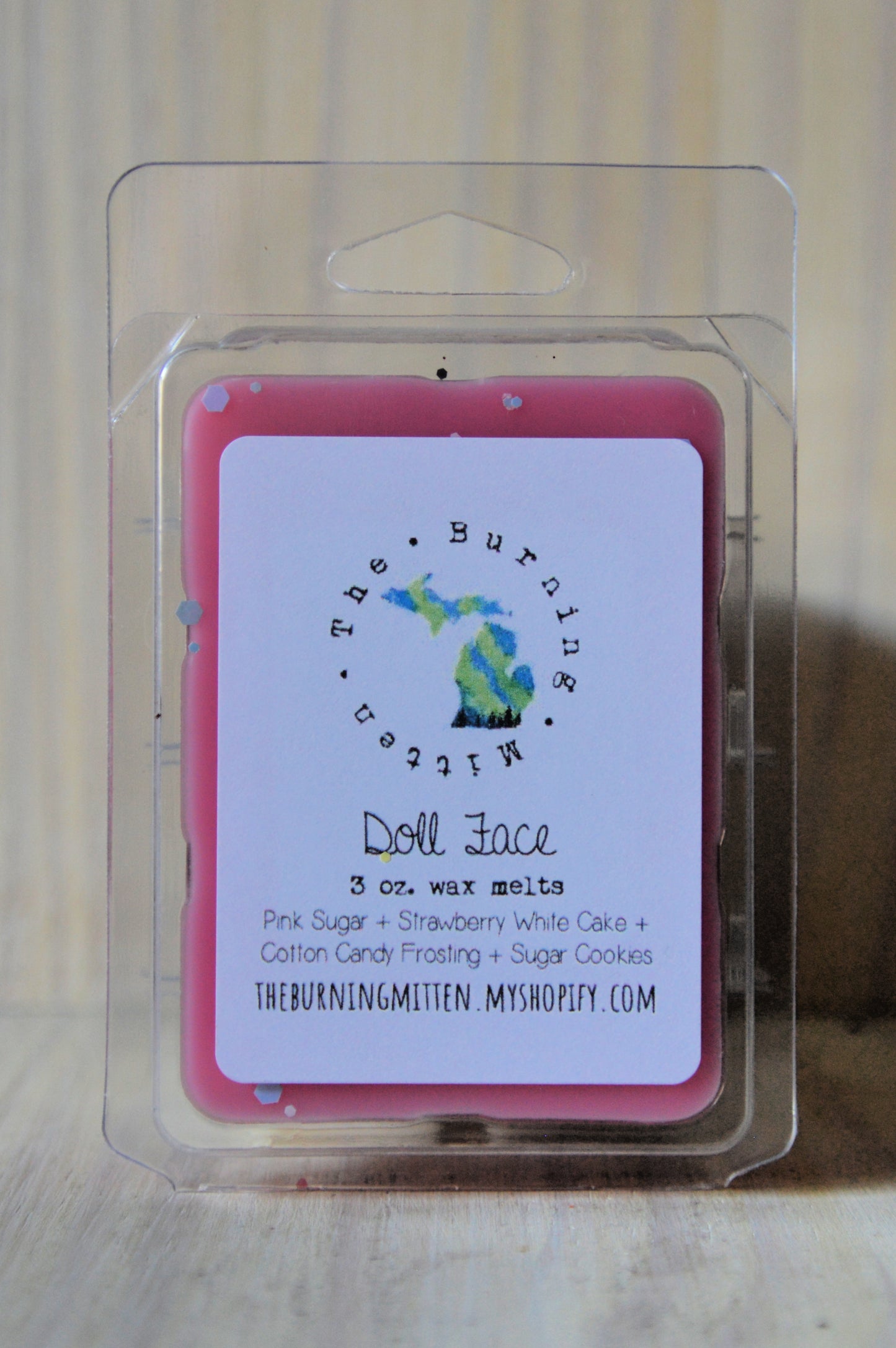 Doll Face Clamshell (pink sugar + strawberry white cake + cotton candy frosting + sugar cookies)