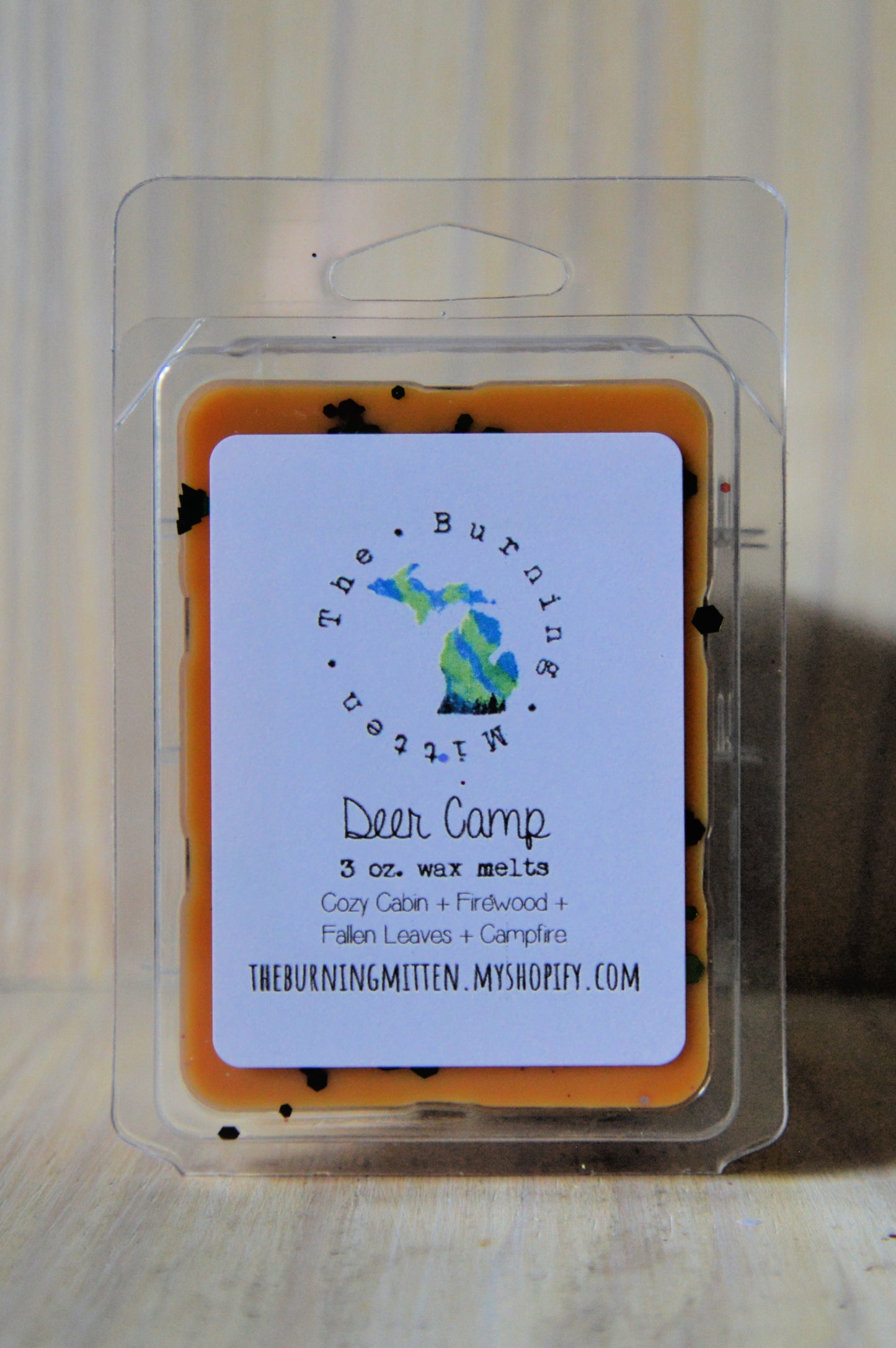 Deer Camp Clamshell (cozy cabin + firewood + fallen leaves + campfire)