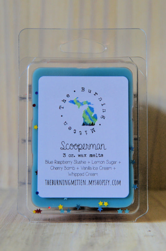 Scooperman Clamshell (blue raspberry slushie + lemon sugar + cherry bomb + vanilla ice cream + whipped cream)