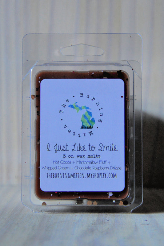 I Just Like to Smile Clamshell (hot cocoa + marshmallow fluff + whipped cream + chocolate raspberry drizzle)